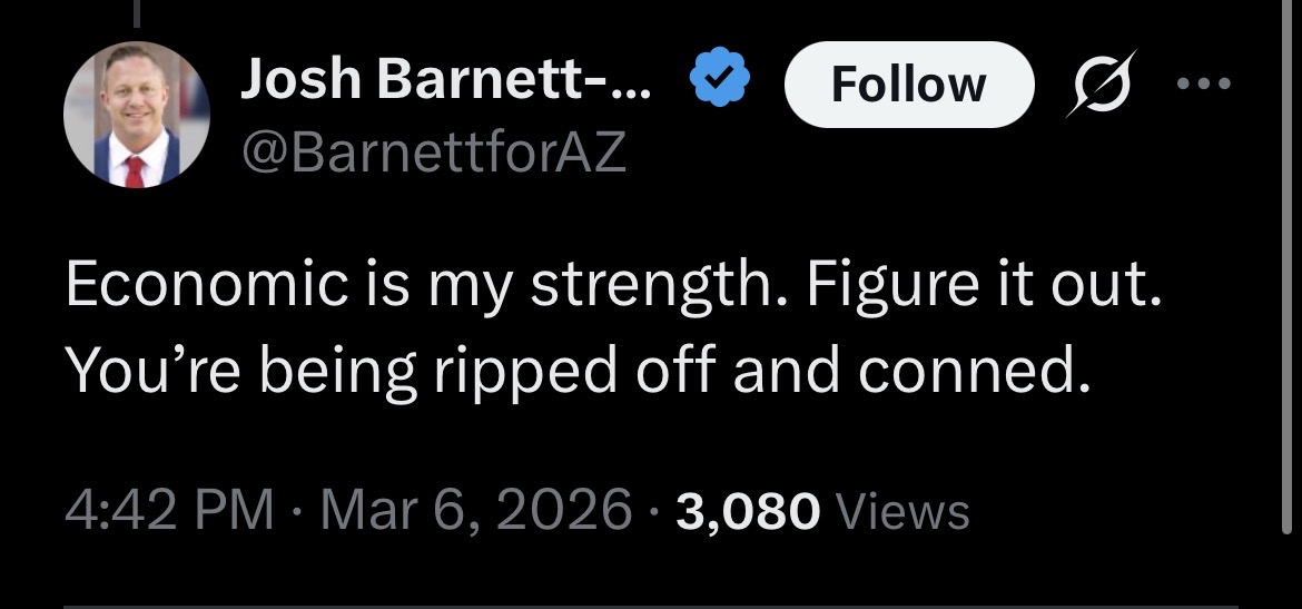 bubbaisherenow's tweet photo. Bahahahaha
@BarnettforAZ says “economic is his strength”
He’s finally gone full retard.
Hey joshy boy, we all your only strength is losing elections and making an ass out of yourself.
What stupid 🤡 you are. https://t.co/t0lnhmTkrO