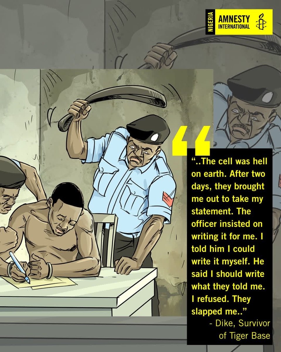 ChinasaNworu's tweet photo. Investigation found that detainees at Tiger Base were routinely tortured &amp; forced to write incriminating statements dictated by police officers. These acts violate Nigerian &amp; international law as well as human rights standards. Those responsible must be investigated &amp; prosecuted. https://t.co/7vZBlXA7Jp