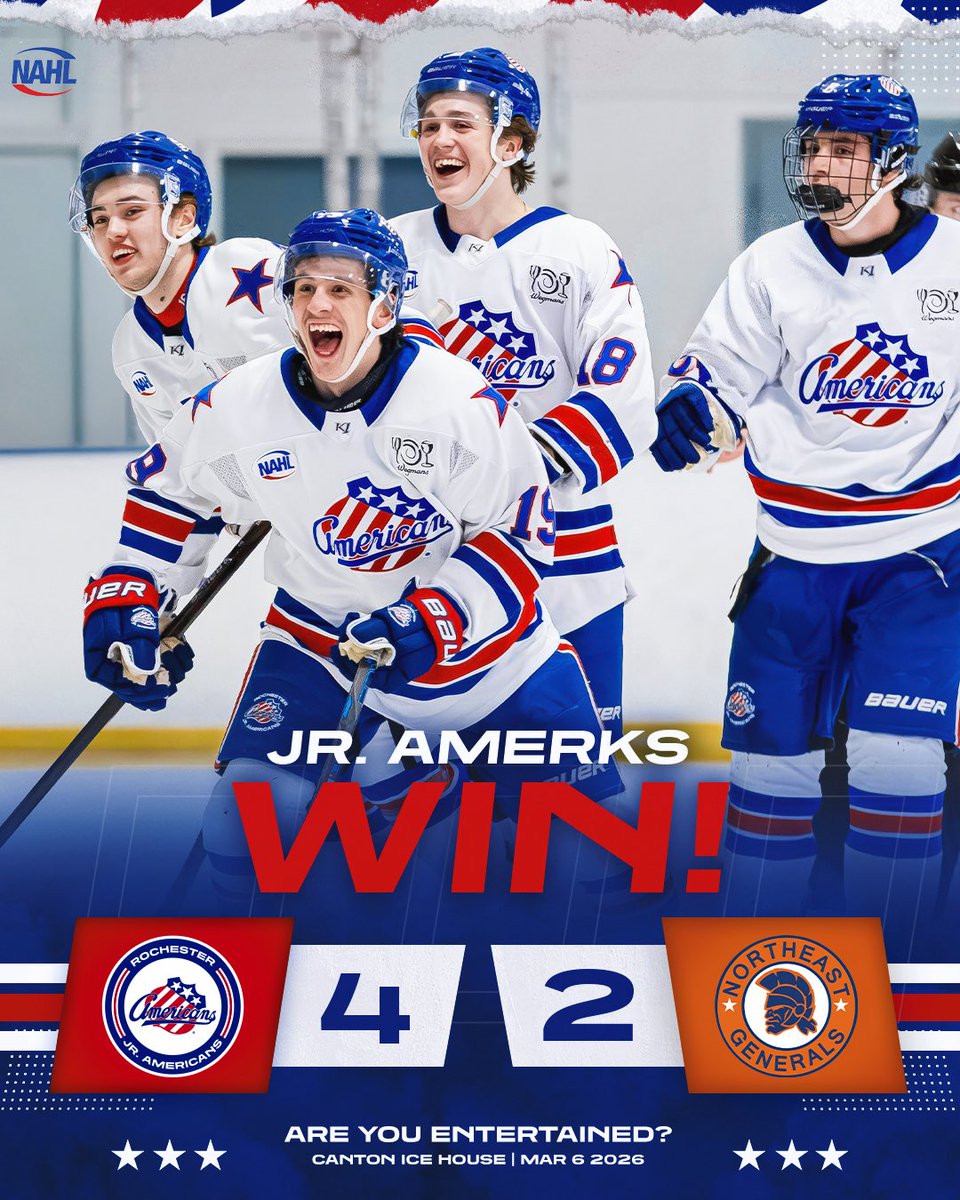 JrAmerksNAHL's tweet photo. THAT’S. HOW. IT’S. DONE. 👏🏼 

A MONUMENTAL RESPONSE FOR THE JR. AMERICANS AS THEY GET A BIG WIN OVER NORTHEAST!!! #LetsGetRowdy https://t.co/R01L45SK73