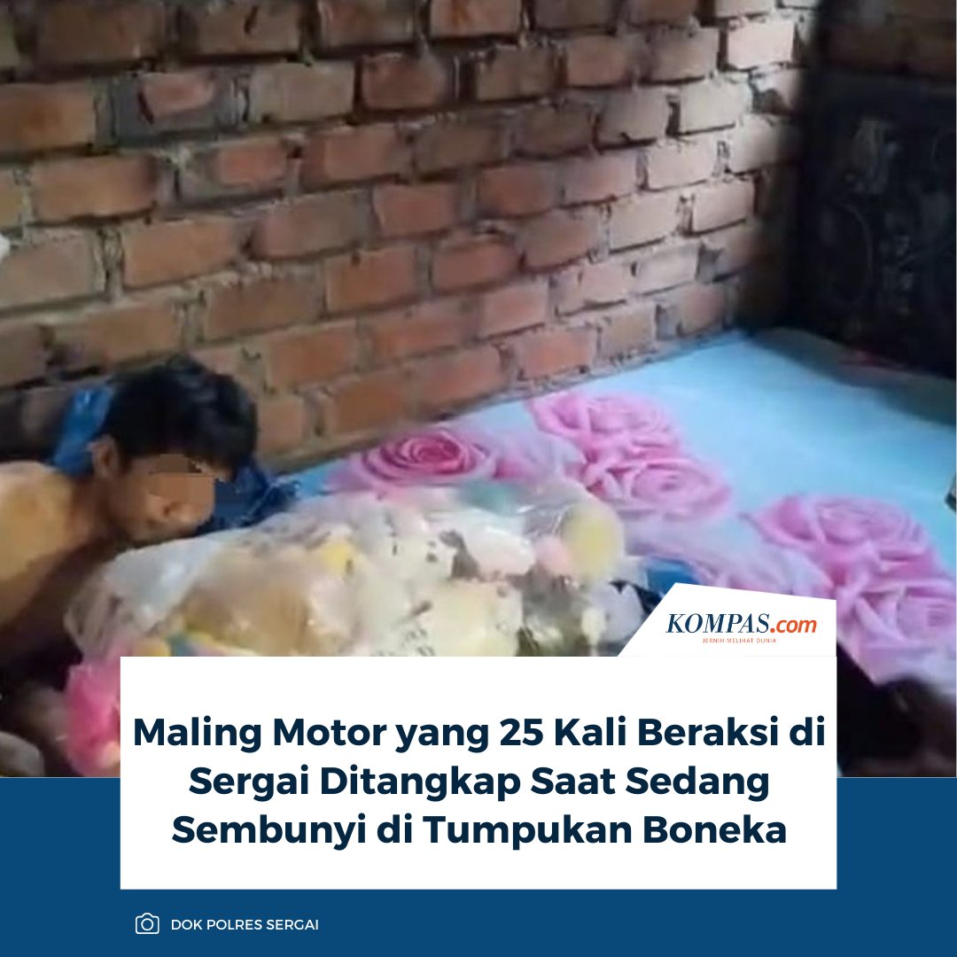 kompascom's tweet photo. Polisi menangkap maling motor kelas kakap, berinisial MF (23), di Kabupaten Serdang Bedagai (Sergai), Sumatera Utara, pada Rabu (4/3/2026). MF diringkus saat sembunyi di tumpukan boneka di rumahnya.
Baca selengkapnya: https://t.co/zQIJMl8Kw3.
~SN #malingMotor #serdangBedagai #pencurian