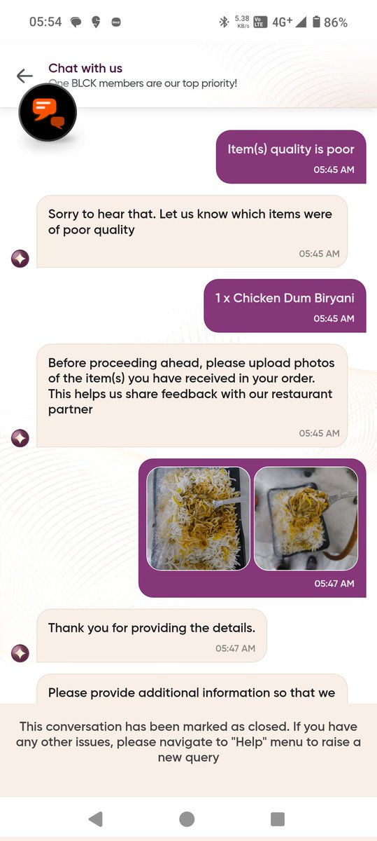 geogj95's tweet photo. Swiggy keeps getting worse day by day. Received a stale item and conversation closed with half redressal and no option to reopen the chat. 0 customer service even for their elite black program for which they promise priority customer service which is actually non-existent. https://t.co/gifenhOOV8