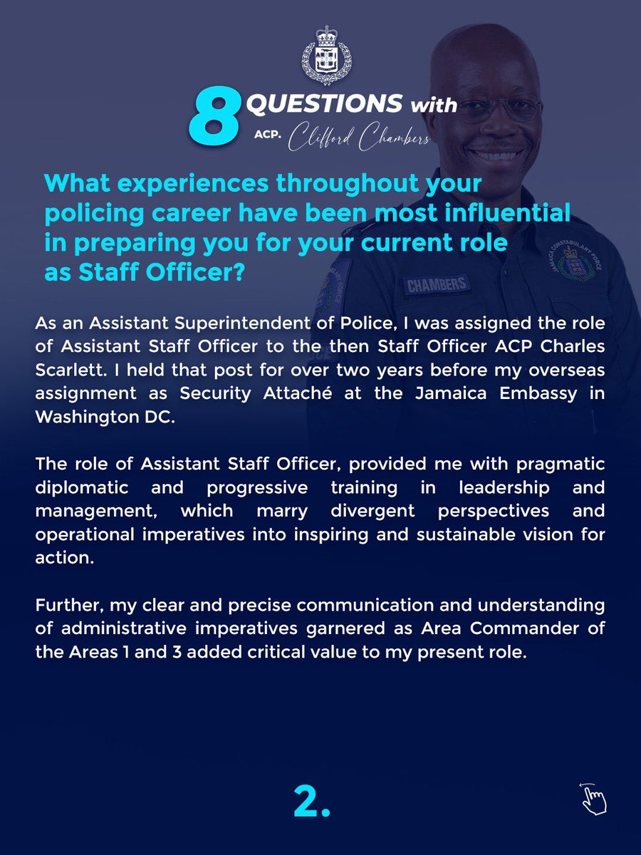 JamaicaConstab's tweet photo. Meet Mr. Clifford Chambers, Assistant Commissioner of Police and Staff Officer for the Jamaica Constabulary Force.
Learn more about him through these 8 Questions.
#8QuestionsWith
#AForce4Good
1/3 https://t.co/NndxUDxXbi