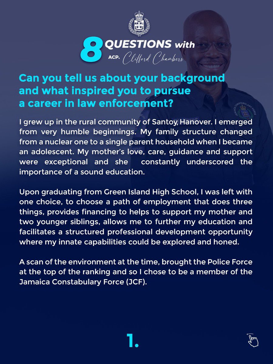 JamaicaConstab's tweet photo. Meet Mr. Clifford Chambers, Assistant Commissioner of Police and Staff Officer for the Jamaica Constabulary Force.
Learn more about him through these 8 Questions.
#8QuestionsWith
#AForce4Good
1/3 https://t.co/NndxUDxXbi