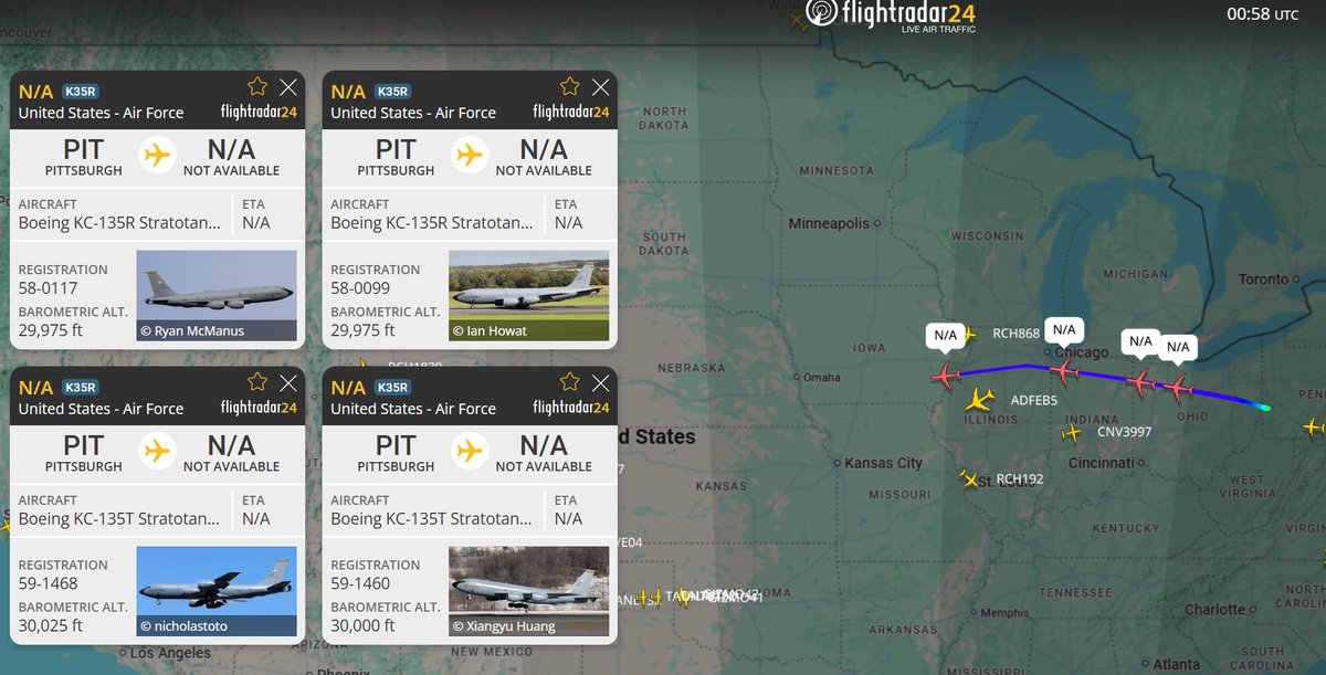 AUX_OSINT's tweet photo. 4x KC-135R/T from Pittsburgh ANG out of Pittsburg Intl  (KPIT) en route to Salt Lake City Intl (KSLC).

#AE0596 – 59-1460 – CLEAN71
#AE07A1 – 58-0099 – CLEAN81
#AE0386 – 59-1468 – CLEAN72
#AE047B – 58-0117 – CLEAN82 https://t.co/Cqu9IM1nL3