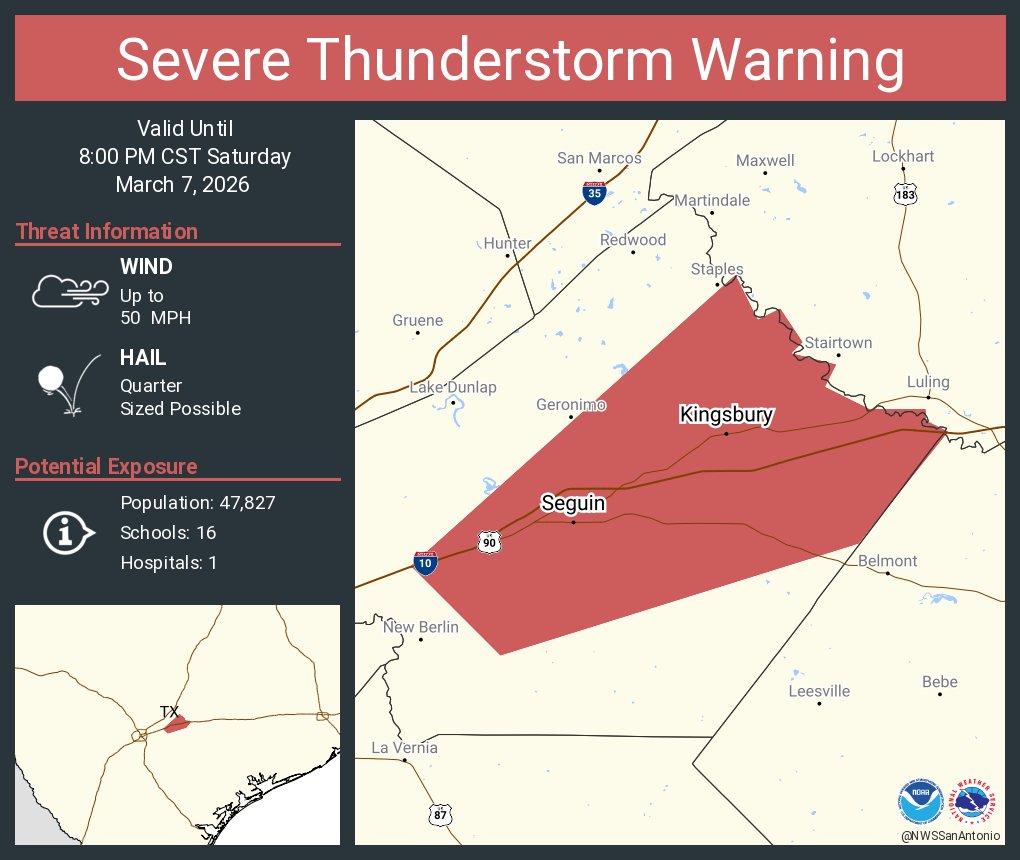 NWSSanAntonio's tweet photo. Severe Thunderstorm Warning including Seguin TX, McQueeney TX and  Kingsbury TX until 8:00 PM CST https://t.co/bF8yAkTowf