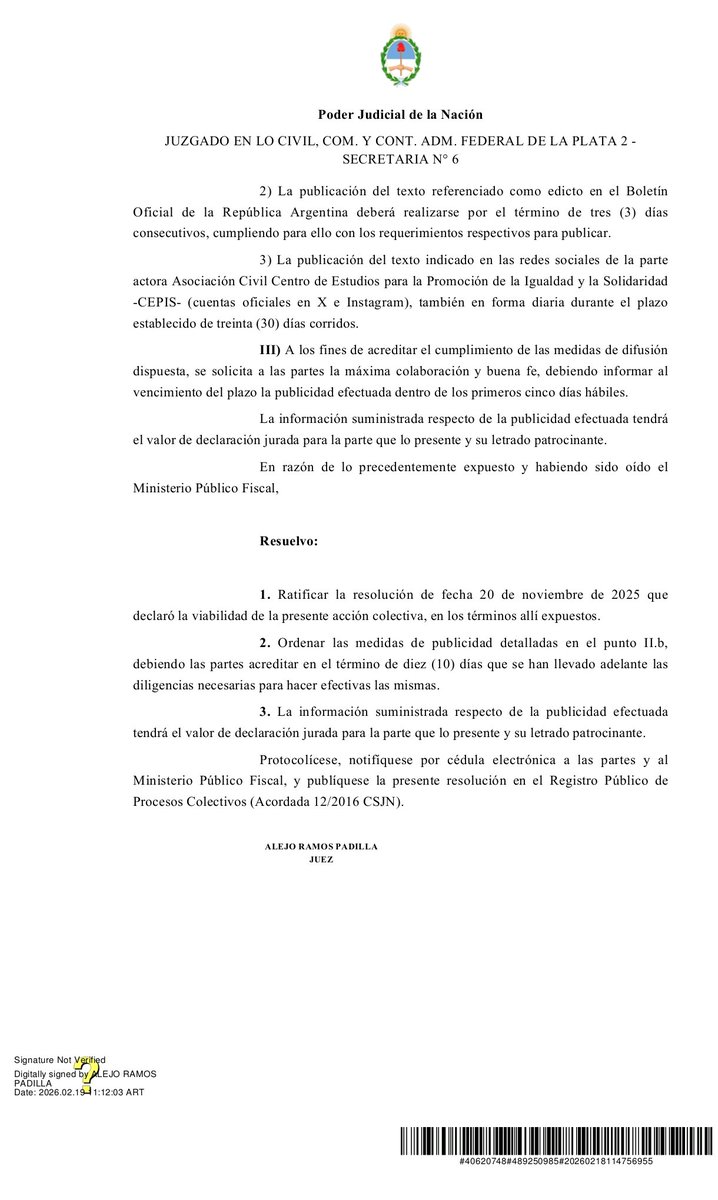 cepisOK's tweet photo. En virtud de lo resuelto en "CEPIS C/ PODER EJECUTIVO NACIONAL - MINISTERIO DE ECONOMIA S/ AMPARO COLECTIVO" En trámite ante JUZGADO EN LO CIVIL Y COM. Y CONT. Y ADM. FEDERAL DE LA PLATA 2 - SECRETARIA 6, se informa: https://t.co/q5Trs494rh