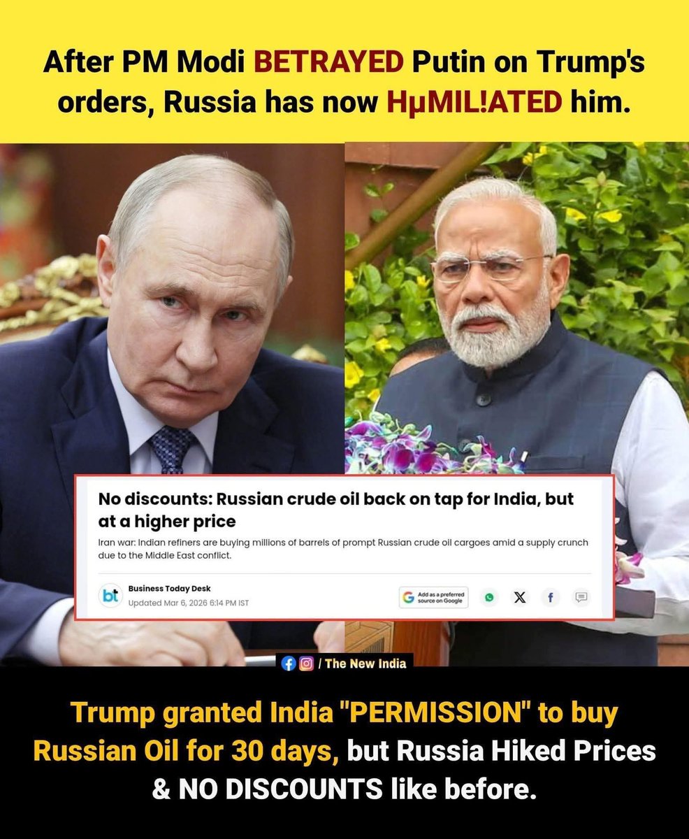 SJForumindia's tweet image. Ye hui na baat.
You danced to Adani's tune and Epstein's tune which made you dance to Trump's tune.

So no more Russian love is going to come India's way...

That's the way the cookie crumbles.

I cant' help wonder how different things might have been with the Congress in power.