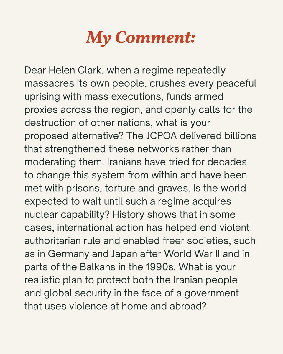 samira_taghavi's tweet photo. The left loves talking about “free speech” — until Iranians speak.

Trying to control the narrative on Iran while deleting Iranian voices is quite something.

Helen Clark could at least have had the courage to keep the comments instead of blocking Iranians.

So much for free speech.#IRGCterrorists #IranRevoIution2026 #KingRezaPahlavi #ThankYouTrump‌