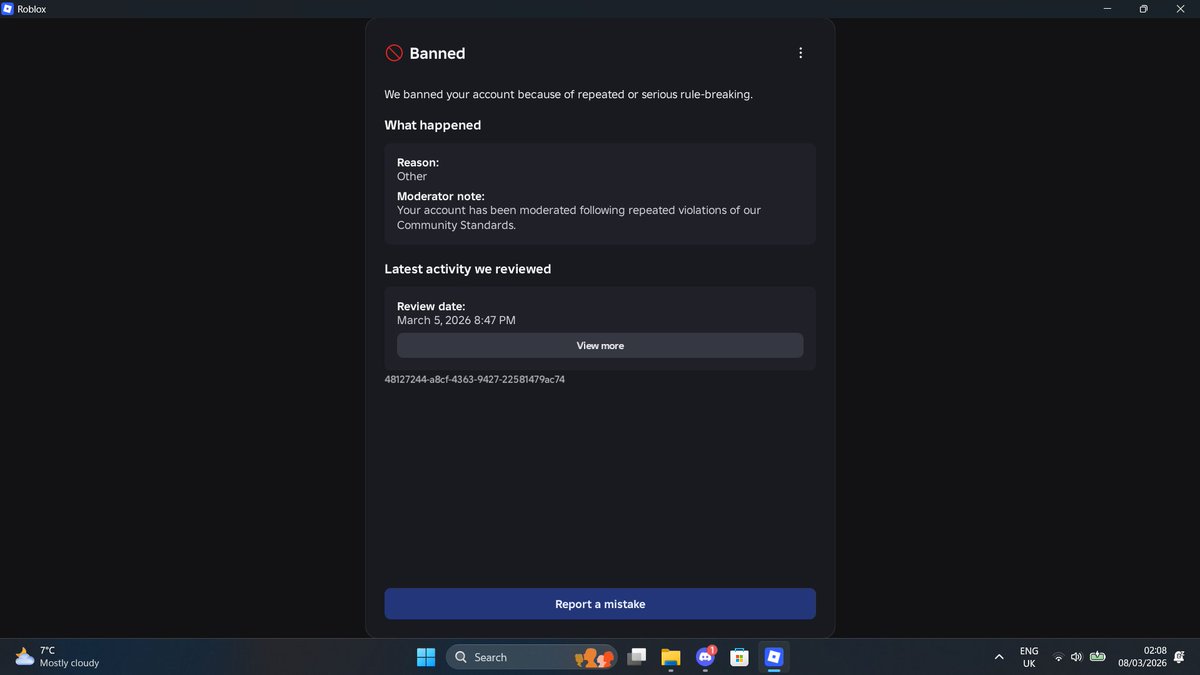 Black_nVir's tweet photo. @Roblox @Roblox  March 5th, many users were wiped clean from a ban wave , me included , u gave no reason "other"  and we are all met with the same copy and pasted automated responses, we have done time for our bans MONTHS ago and yet we are banned perm now
User: JimmySnukaSuperfly https://t.co/hpbSbdQGEh