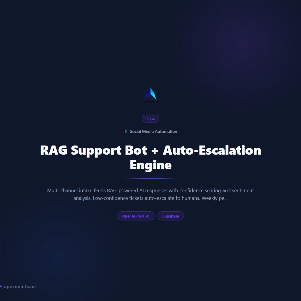 apexium0101's tweet photo. Automate your social media presence across every platform (Part 2/2)

4 Social Media Automation workflows — ready to deploy:

→ RAG Customer Support Bot (Pinecone)
→ RAG Support Bot + Auto-Escalation Engine
→ Company Knowledge Base AI Agent (Supabase)
→ Knowledge Base Chatbot (MongoDB RAG)

Content creation, scheduling, and engagement on autopilot.

Built with n8n. No code required.

#n8n #Automation #SocialMedia #ContentStrategy
