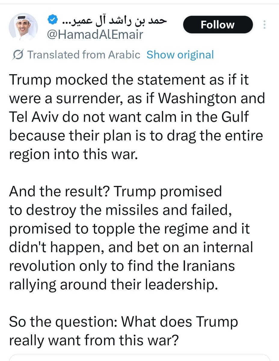 MarzzNyc's tweet photo. Qataris are now pissed that after Iran's president de-escalated and declared that attack on US bases on Gulf countries will be halted unless there are hostilities initiated from there, Trump re-escalated by mocking them and falsely claiming that they surrendered. https://t.co/BaFGyUBDZZ
