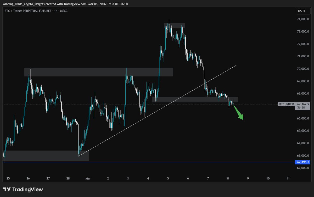 wtcryptoinsight's tweet photo. $BTC Major Trendline Breakdown! 🚨📉

📍 Bearish Confirmation: The break is clean, suggesting more downside towards the $66K zone.
📍 Strategy: We are flipping our bias to defensive/bearish for the short term.

#Bitcoin #BTC #CryptoCrash #MarketUpdate #WinningTrade https://t.co/l8BjQiLImi