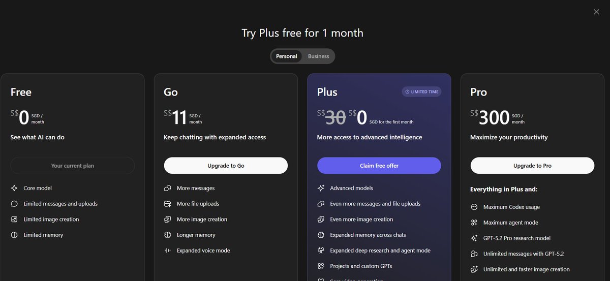 Yang mau chatgpt plus gratis sebulan bisa coba step ini:

- Instal VPN (di laptop/hp kamu)
- Nyalain VPN ke negara selain INDONESIA *saya sudah coba Singapura, India sama UEA works semua
- Open Chatgpt, login pke email nanti ada "claim offer"
- Pilih Chatgpt Plus
- Masukin cara