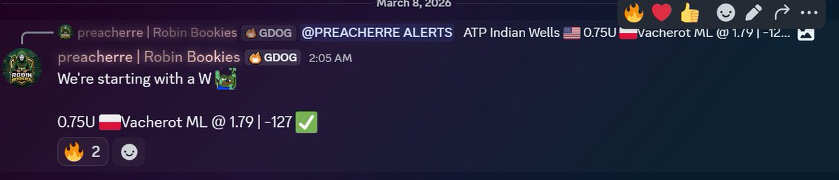 💎𝐓𝐄𝐍𝐍𝐈𝐒 𝐕𝐀𝐋𝐔𝐄 💎
Robin Bookies x <a href="/MarketElites/">Market Elites</a> 

🎾𝐖𝐞 𝐬𝐭𝐚𝐫𝐭𝐞𝐝 𝐰𝐢𝐭𝐡 𝐚 𝐖 𝐢𝐧 𝐀𝐓𝐏 𝐈𝐧𝐝𝐢𝐚𝐧 𝐖𝐞𝐥𝐥𝐬🎾
Valentin Vacherot - Nuno Borges was a tight battle, but our guy got it done 💰
The founder <a href="/BeauTrades_/">Beau</a> first followed our channel, watched the