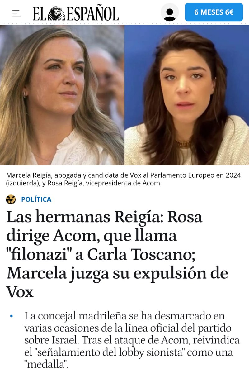 El Comité de Garantías de Vox, encargado de decidir la expulsión definitiva de Toscano, incluye como vocal a Marcela Reigía, mientras que su hermana Rosa es vicepresidenta de ACOM. El lobby sionista da un golpe de estado en directo en el partido de los "patriotas".