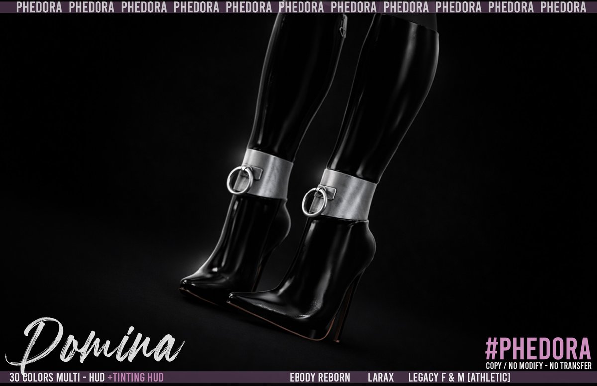 Phedora10's tweet photo. "Domina" Boots NEW RELEASE for The Saturday Sale🖤
High-gloss attitude, steel cuff detail &amp; enough danger to make an entrance memorable. They come in a 30-color fatpack,Tinting HUD included,Rigged for Ebody Reborn,Lara X,Legacy F &amp; M (Athletic).
❥ LM : https://t.co/BX0zv9LKZr https://t.co/luLlM2Fv2j