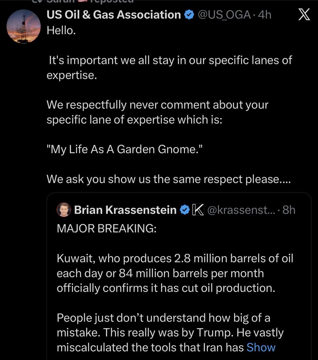 This might be the biggest beat down of Brian Krassentien in X history 😂😂😂😂

Well played <a href="/US_OGA/">US Oil & Gas Association</a> 🫡