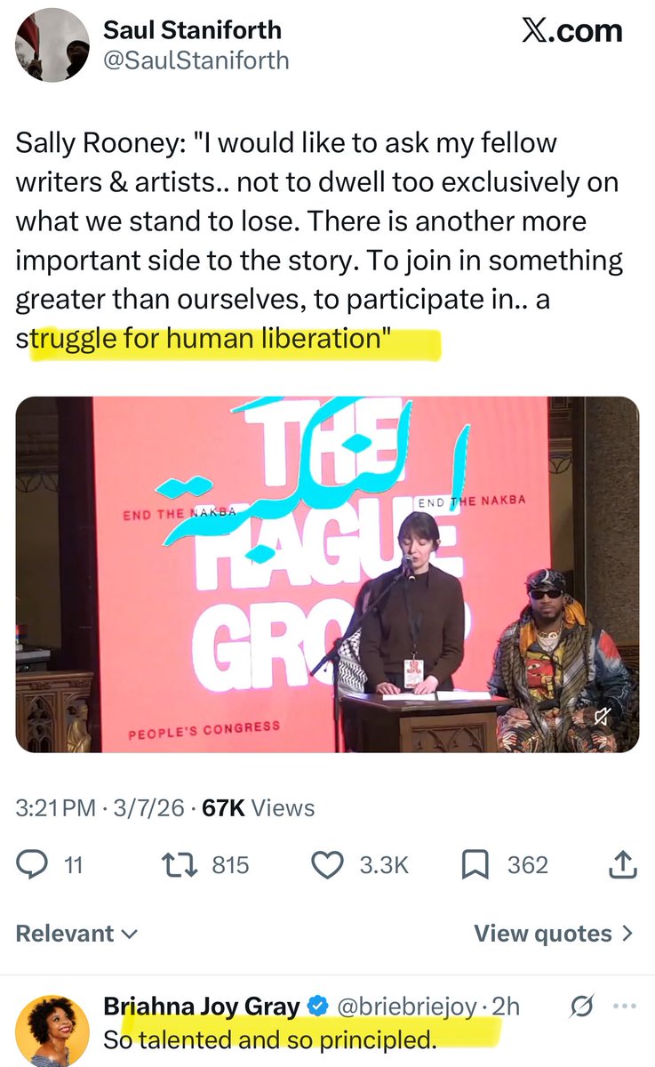 LewisJonathanE's tweet photo. Notice how novelist Sally Rooney, who once called for her books not to be translated into Hebrew, talks about the "Palestinian cause"

For her it's a "struggle for human liberation" - as if the "resistance" is fighting against a great, oppressive force that is keeping all of humanity in shackles ....

We've heard this sort of  rhetoric before, from the worst regimes of the 20th-century 

Notably, atrocity denier Briahna seems to be a big fan