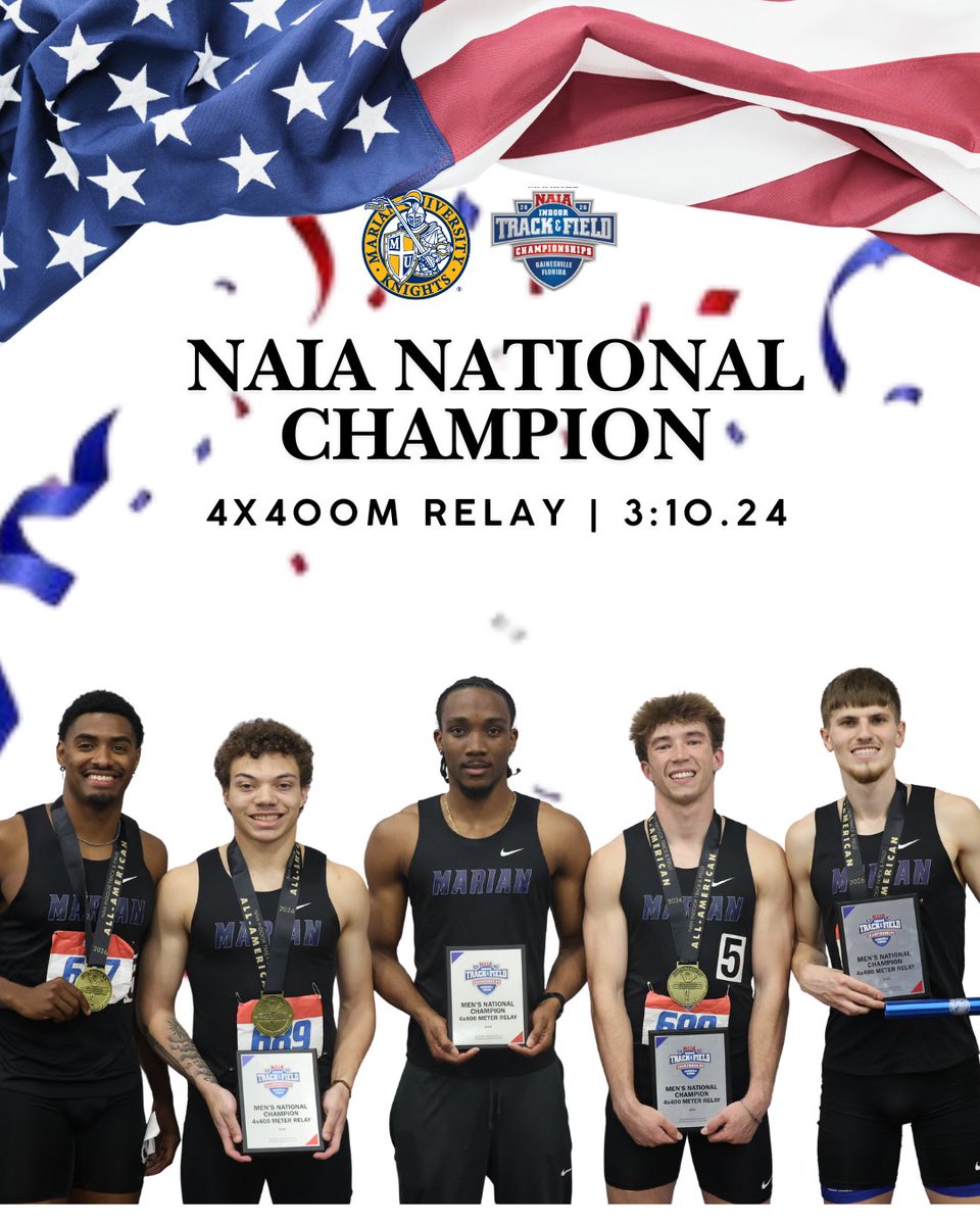 MUKnights's tweet photo. MEN'S 4x400M NAIA NATIONAL CHAMPIONS

For the second year in a row the Men's 4x400m relay win the individual national title. The team of Eli Givens, AJ Kelly, Tre Jones, Eric Materna, and Malik Ferdinand led the way, running a 3:10.24 https://t.co/KQYSpWdkVu
