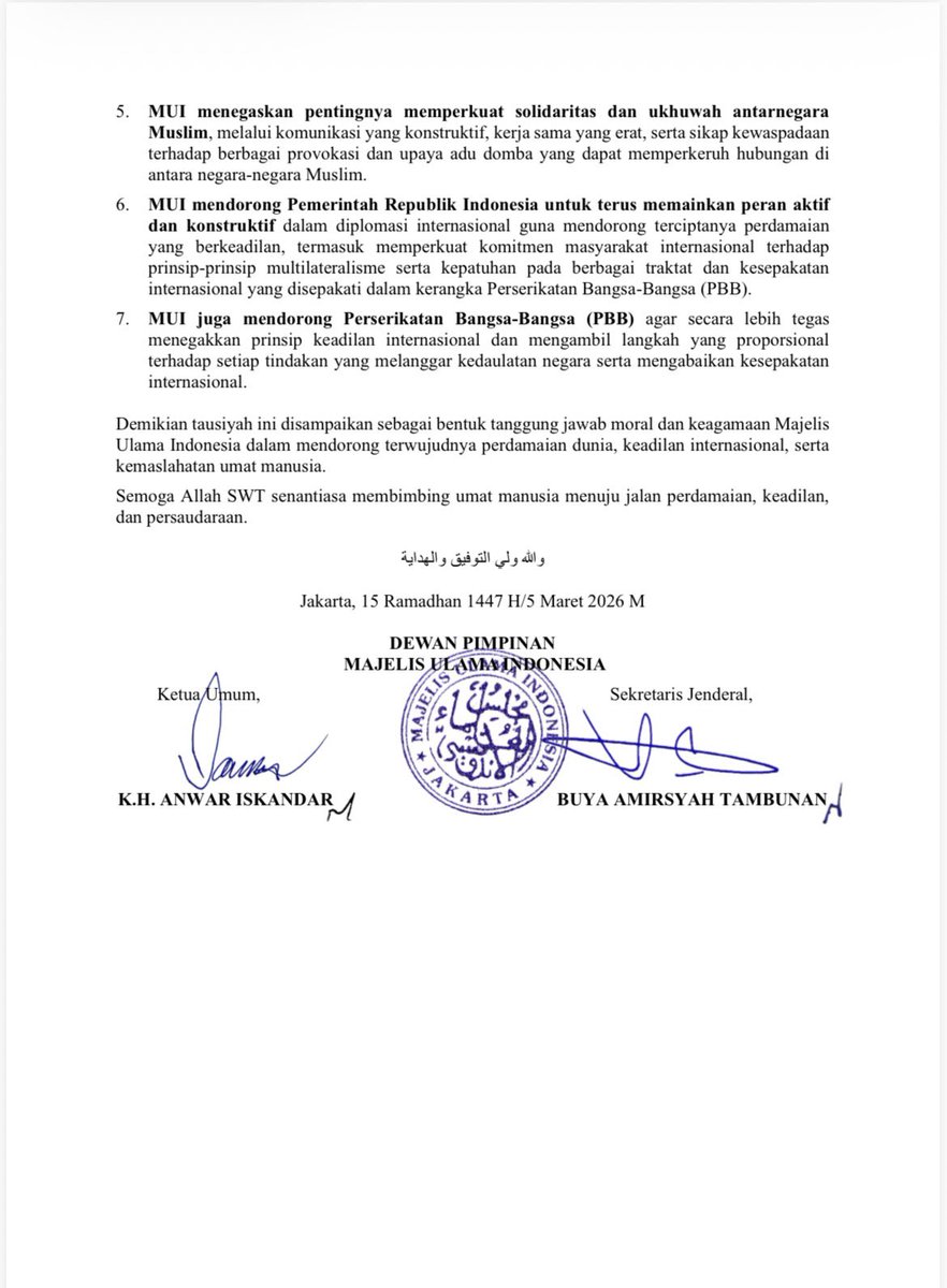 Berharap perang segera selesai dan meminta semua pihak ikut mendorong dan berperan mengakhiri perang. Semua merasa khawatir dan rugi dengan perang yg terjadi. 
.
Ini pernyataan MUI yang kedua selama perang Israil-Amrik vs Iran