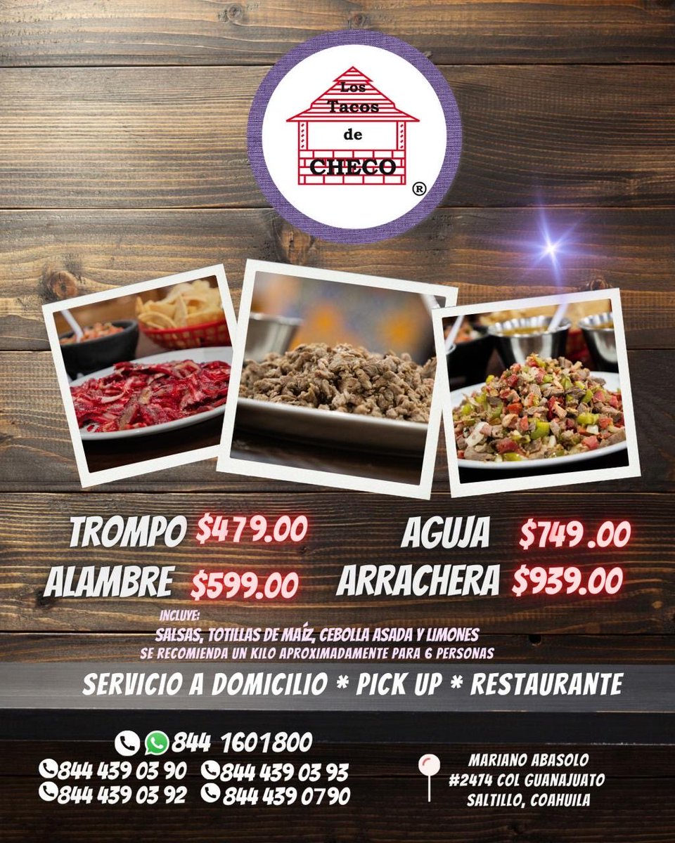 Hoy #FelizSábado, aprovecha nuestra super promoción por #KILOS⚡️

Disfruta de los más deliciosos taquitos de arrachera, alambre, aguja o nuestro tradicional trompo. 😋

WhatsApp 📲 844160 1800

#ServicioADomicilio 🚕, #PickUP y #Restaurante. 🍽 

#Saltillo