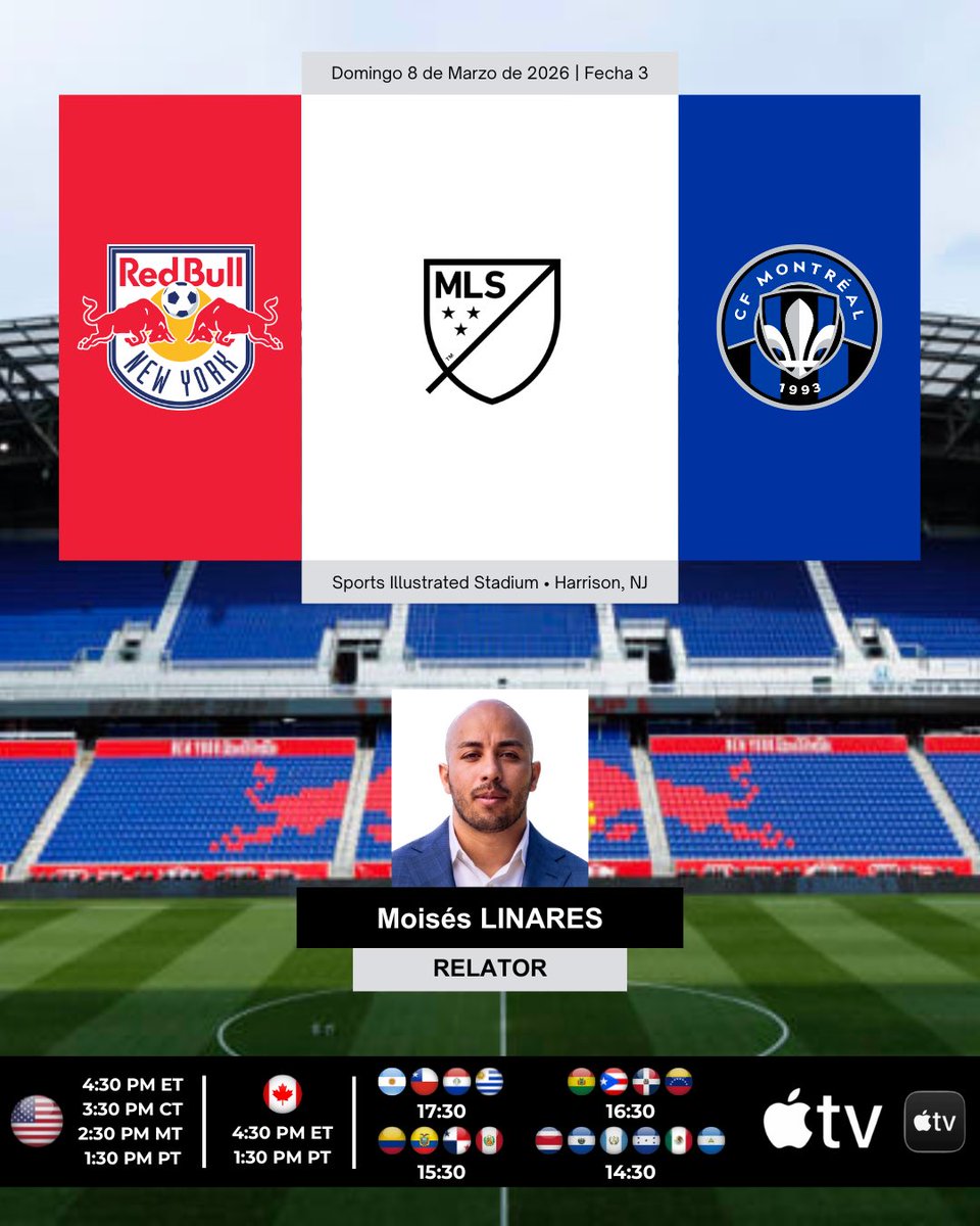 ProgramacionUS's tweet photo. ⚽️ #MLS 🇺🇸 | #NewYorkRedBulls 🇺🇸 vs. #CFMontréal 🇨🇦
🎙Relator: @MlinaresDC
💻📱Suscripción a @AppleTV 🌎
#️⃣ #MLSisBack - #RBNYvMTL https://t.co/GC1y5DLGIQ