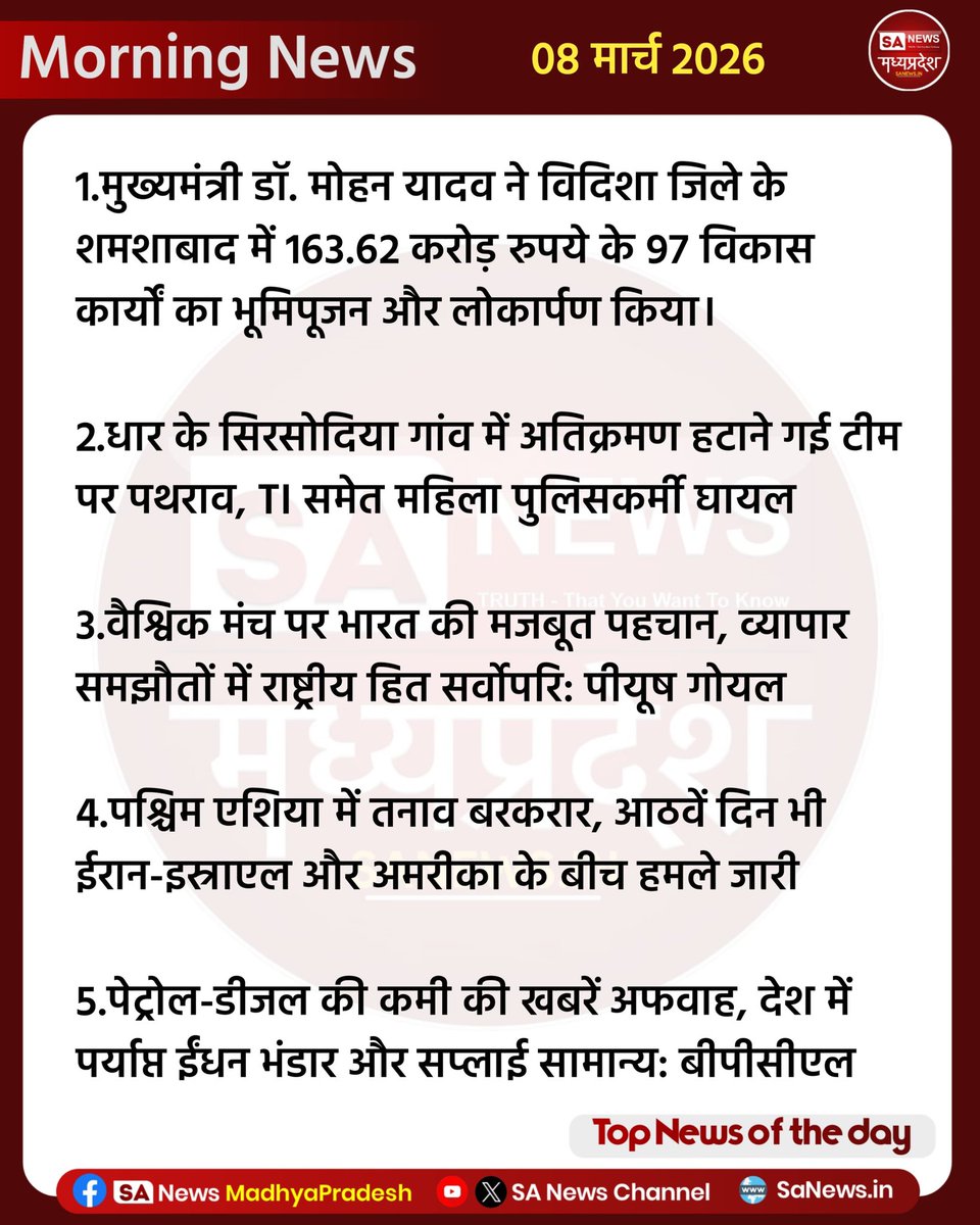 | Sanews Madhya Pradesh | Top News of the Day | 08 मार्च 2026 आज की बड़ी सुर्ख़ियाँ, देश–दुनिया की हर अहम अपडेट एक ही जगह।

#sanewsmadhyapradesh   #topnews