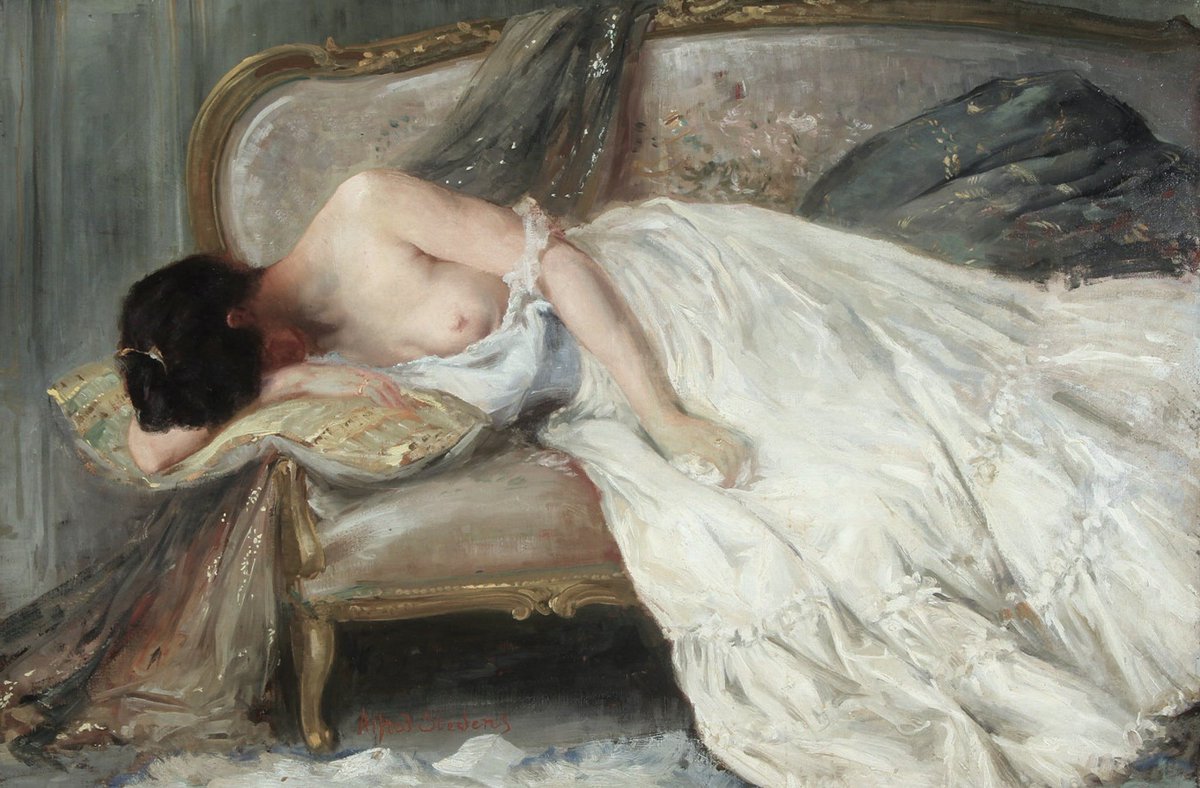 AcademiaAesthe1's tweet photo. Reclining Partial Nude or Nude on the Sofa (n/d) by Alfred Stevens (Belgian, 1823 – 1906), oil on canvas https://t.co/Ldv0BTRjc0
