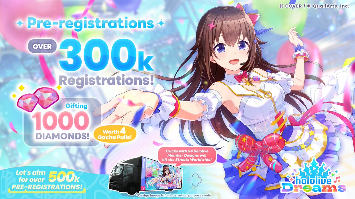 holo_dreams_en's tweet photo. 🏰🎶 Over 300,000 Pre-Registrations🎶🏰

Huge thanks to everyone who has pre-registered✨

As a reward for hitting this milestone, we're giving everyone 1,000 Diamonds to use in-game🎉

We're aiming for 500,000 pre-registrations next to unlock the talent special-design trucks, so please make sure you register⭐️

▼ Pre-register right here
https://t.co/A1nOoG9yAm

#holodori_SPinfo
#hololivefesEXPO26_DAY3
#holodori