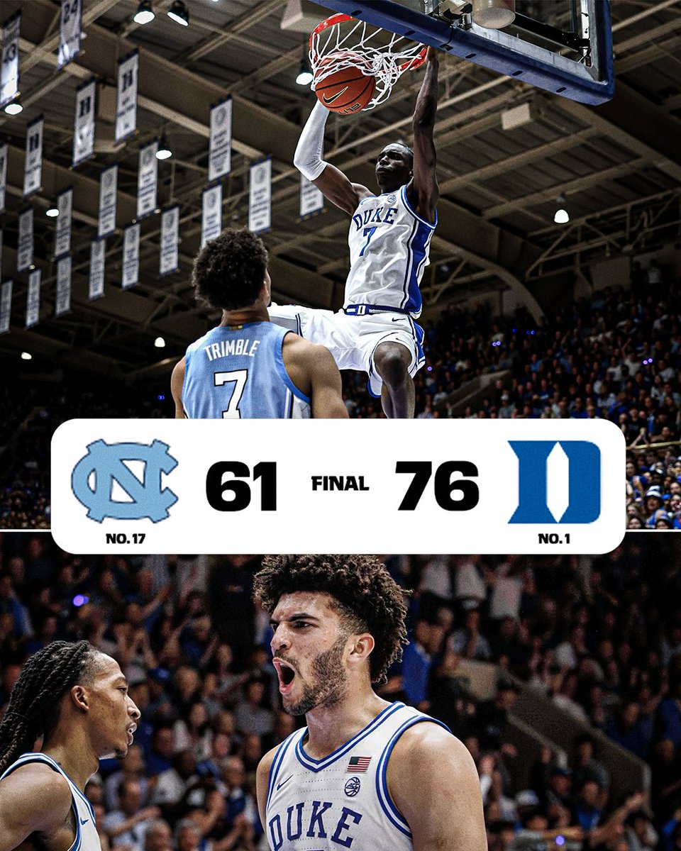 espn's tweet image. NO. 1 DUKE GETS ITS REVENGE AND BLOWS OUT NO. 17 NORTH CAROLINA 💪