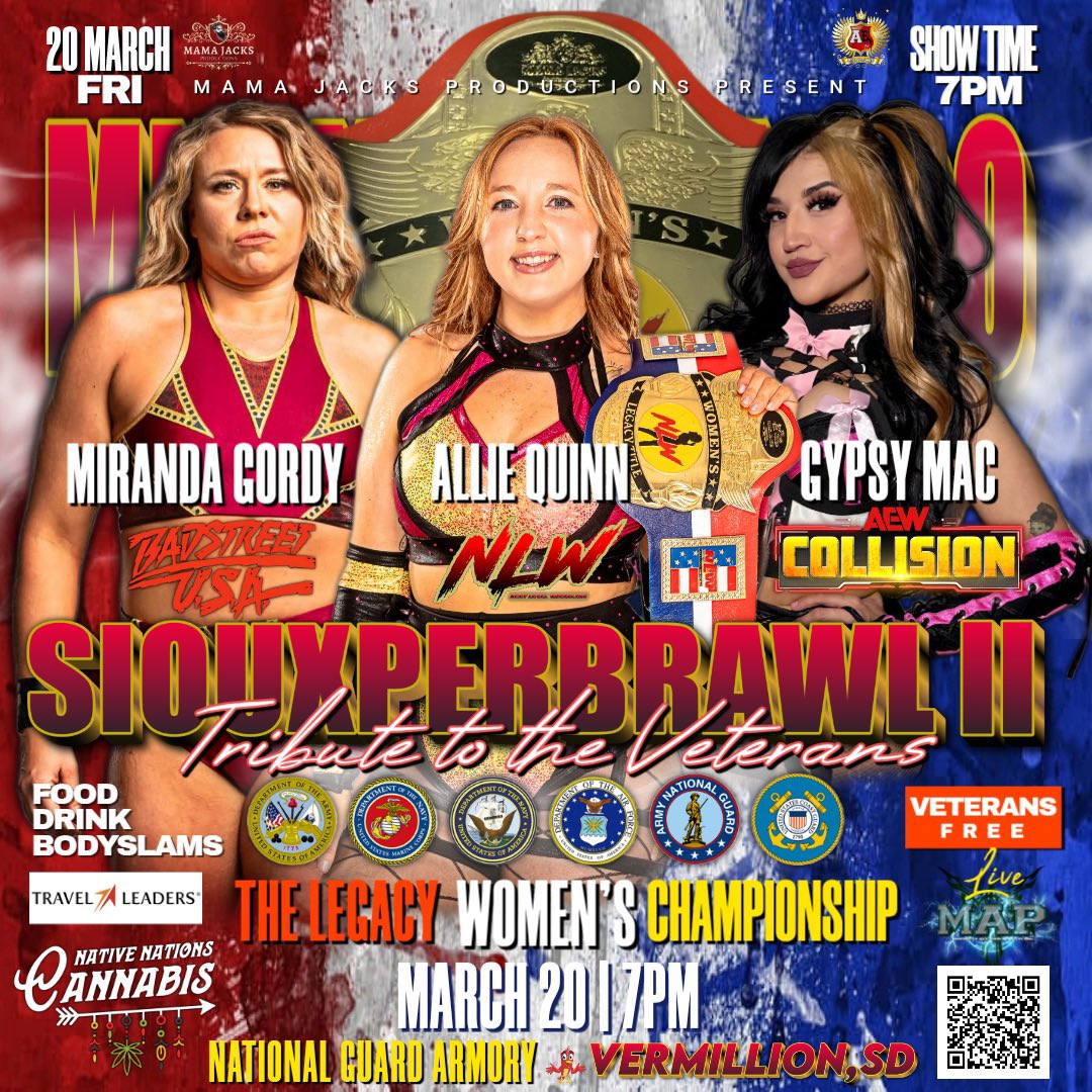 MidwestAllPro's tweet photo. at MAP: SiouxperBrawl ll:
#Quinn vs #MAC vs #Gordy
For the #legacy Women’s Champion
#Friday March 20th, LIVE* at the National Guard Armory in Vermillion, SD | #doors: 6pm / #showtime: 7pm https://t.co/36qWjA1wnY