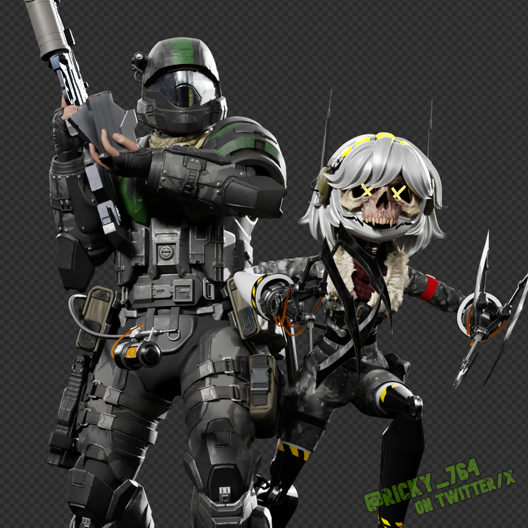 "The bullet and the blade."
This render was the first thing I did before making the other version featuring characters from other sagas.

#MurderDrones #mdtwt #ProjectLightsOut #SerialDesignationV #SDV #ODST
