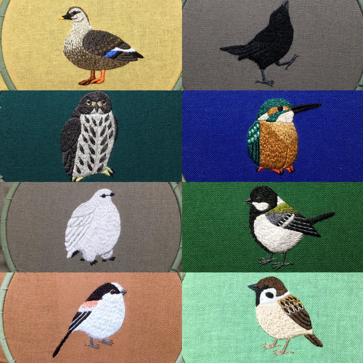 出来上がった野鳥たちの刺繍は仕立てを進めております。並べて見ると可愛いな〜野鳥愛。