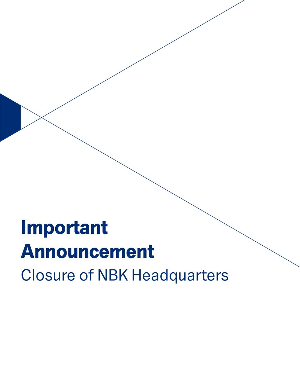 NBKPage's tweet photo. عملاءنا الكرام،

نظرًا للمستجدات الراهنة، وحرصًا على سلامة الجميع واستمرارية الأعمال، سيتم إغلاق المقر الرئيسي لبنك الكويت الوطني اعتبارًا من اليوم الأحد 8 مارس وحتى إشعارٍ آخر.

يرجى متابعة قنوات التواصل الرسمية الخاصة بالبنك لأي مستجدات أو تحديثات تتعلق بالخدمات خلال الفترة القادمة.

إن سلامتكم تأتي في مقدمة أولوياتنا، ونتخذ كافة الإجراءات والتدابير التي تضمن بيئة آمنة للجميع.
سائلين المولى عز وجل أن يحفظ الكويت وأميرها وشعبها من كل مكروه، وأن يديم عليها نعمة الأمن والاستقرار.

⸻

Dear Customers,

In light of the current developments, and in the interest of ensuring safety and business continuity, the NBK Headquarters will be closed effective Sunday, 8 March, until further notice.

Kindly continue to monitor the Bank’s official communication channels for any updates regarding services during the coming period.

Your safety remains our utmost priority. We continue to take all necessary measures to ensure a safe environment for everyone.
May God protect Kuwait, its Amir, and its people from all harm, and grant the nation continued security and stability.

#NBKAnnouncements