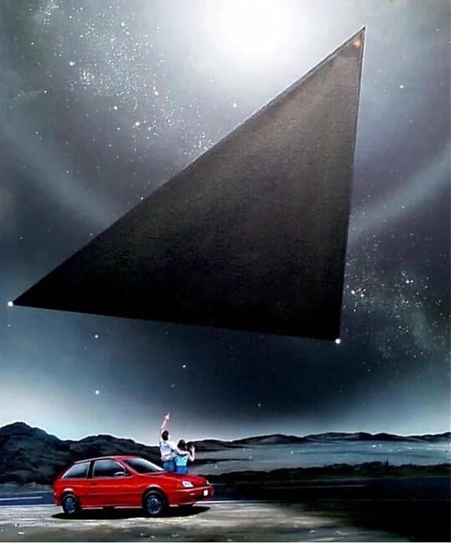 EternalSpectre's tweet photo. In 1994, Coast to Coast AM host Art Bell had a triangle UFO sighting🛸

This is the painting he had professionally done to accurately depict the encounter…🛸

#Ufotwitter #ufoX #EternalSpectre https://t.co/YsCNQkmCcR