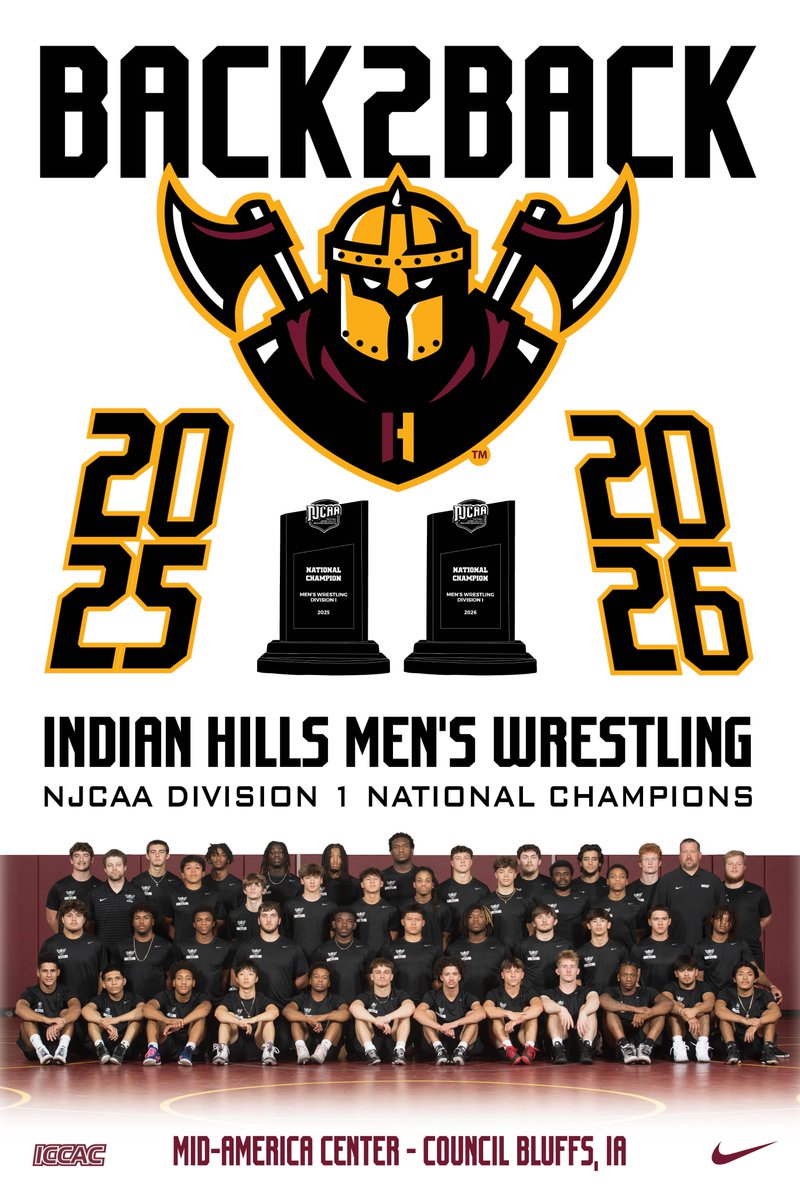 IHCCAthletics's tweet photo. BACK-TO-BACK!  @IHCCWrestling has secured the team title tonight at the @NJCAAWrestling Men’s National Championships at Council Bluffs’ Mid-America Center. There are still a few matches left in the evening's finals, but the Warriors have mathematically clinched the title, IHCC's second consecutive National Championship!  The Warriors will crown nine @NJCAA All-Americans! 🏆🏆

#WeAreWarriors | #WarriorNation