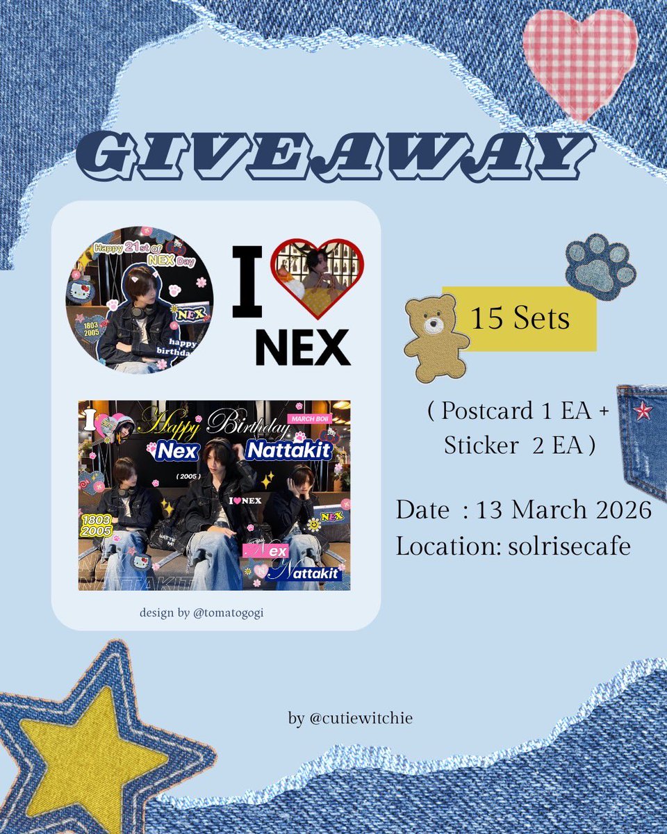 🪽𝑃𝑙𝑠 𝑘𝑖𝑛𝑑𝑙𝑦 𝑟𝑡  𓂃 𓈒𓏸

⋆𐙚₊˚𝐺𝑖𝑣𝑒𝑎𝑤𝑎𝑦 𝑓𝑜𝑟 𝑁𝑒𝑥’𝑏𝑑𝑎𝑦 ⊹♡

• postcard &amp; stickers 15 set 💙🐾

𝐷𝑎𝑡𝑒 : 13 March 2026
𝐿𝑜𝑐𝑎𝑡𝑖𝑜𝑛 : <a href="/solrisecafe/">SOLRISE_CAFE</a>
𝑇𝑖𝑚𝑒 : tba 

 ꒰ྀི১ rt &amp; show this tweet ໒꒱ིྀ

#ShiningDaysWithNEX 
#NEXnattakit