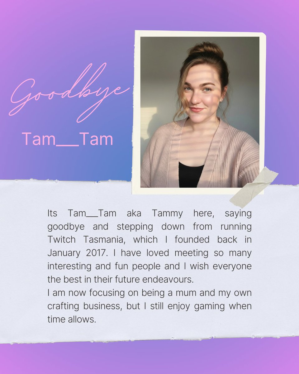 Its <a href="/itsjusttamtam/">TamTam 🐱🐱🐶🐶🤱🏻</a> aka Tammy here, saying goodbye and stepping down from running Twitch Tasmania, which I founded back in January 2017. I have loved meeting so many interesting and fun people and I wish everyone the best in their future endeavours 🩷