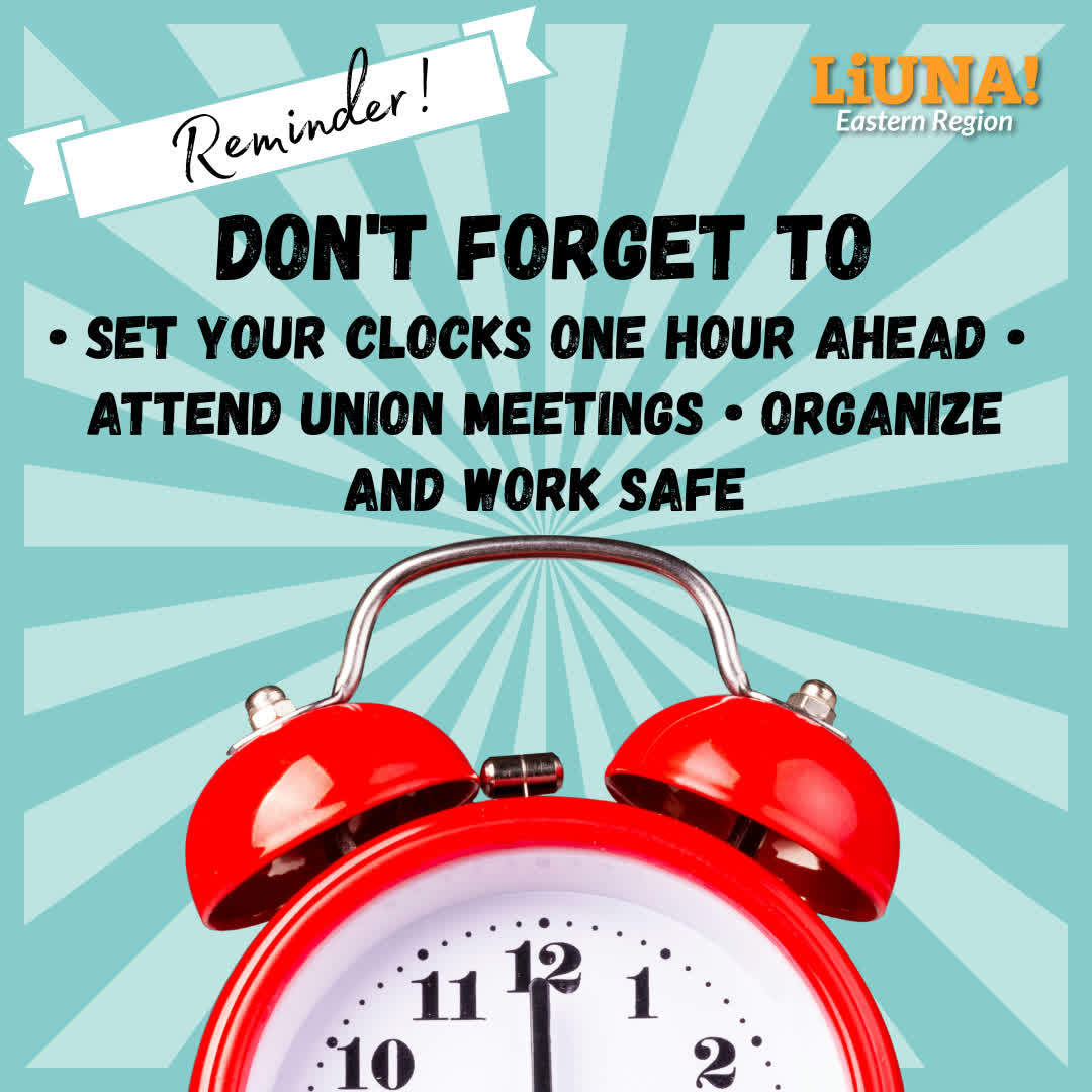 LiUNAEasternReg's tweet image. ⏰ Brothers &amp;amp; Sisters—Don't forget (like we almost did) that #DaylightSavingsTime begins tonight, so be sure to:

• Set your clocks one hour ahead;
• Attend your monthly union meetings;
• organize, #Organize, ORGANIZE; &amp;amp;
• Work Safe!