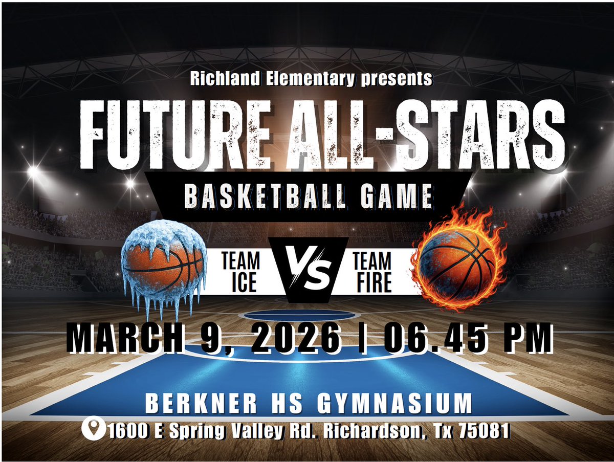 RLErockets1's tweet photo. Get ready for an exciting night of basketball you do not want to miss! 🏀🔥

THIS Monday 3/9 at 7:00 PM, we’re hosting our All-Star Game featuring an epic showdown between:
🔥 Team Fire — coached by Coach Rhodes and Coach DJ
🧊 Team Ice — coached by Coach Williamson and Coach Bohn

Our 5th and 6th grade boys and girls teams will mix it up into two evenly matched teams for one action-packed game! The Rockette Cheerleaders will also be on the sidelines performing to keep the energy high!

Bring your friends, bring your family, and bring the noise as we pack the gym and show our Richland pride!

📅 Monday
⏰ 7:00 PM
📍 Berkner High School
1600 E Spring Valley Rd
Richardson, TX 75081

We can’t wait to see you there for an unforgettable night! 🏀🔥 @billgattus @berknerathletic @BerknerBoysBB