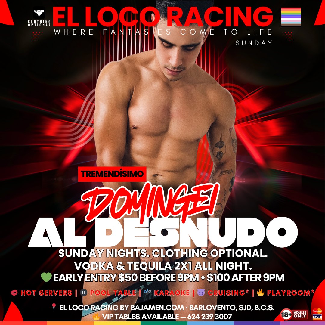gaybajamx's tweet photo. 🔥 DOMINGO AL DESNUDO 🔥
Vodka & tequila 2x1 toda la noche
🩲 Pasarela en calzones
🎤 Karaoke • 🎱 Billar
💋 Meseros cariñosos
😈 PlayRoom & Cruising disponibles
💚 Early entry $50 antes de 9PM
📍 El Loco Racing · San José del Cabo
📲 624 239 3007
#BajaMen #CaboGayGuide https://t.co/xWYq3Vh0Z9