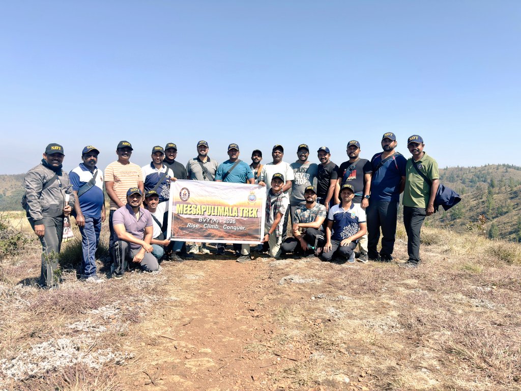 IN_HQSNC's tweet photo. Scaling New Heights, Strengthening Team Spirit ⛰️⚓

As part of Outdoor adventure initiative, Base Victualling Yard, Kochi undertook a #Trekking expedition to Meesapulimala (8,661 ft)—the second highest peak in the Western Ghats, on #07Mar 2026.
 A team of 19 personnel braved challenging terrain to reach the summit, fostering camaraderie, resilience and mutual support.
#FitNavy
 #AdventureSports