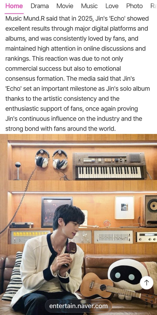 [Naver News Update 📰]

BTS's 'Echo', 2025 Best K-pop Album No. 1

🗣️“BTS's Jin once again shined as  'vocal king' side.

Jin's solo album 'Echo 9 ' ranked first in the '2025 K-pop Album of the Year' released by Music Mundial through the official website. Music Moond R said that