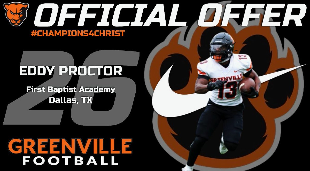 EddyProctor2026's tweet image. After a great conversations with @Coachschomaker &amp;amp; @CoachTenenoff , I am blessed to receive my 5th offer from @GreenvilleUni !

#Football #offer #Panthers  @FBA_Sports @drobalwayzopen @jlovvorn7 @DP2Nice @SteveRBrown4 @SHEP_up @LouisFite  @TXPSMedia @TXPrivateFBGuy @TXRecruits
