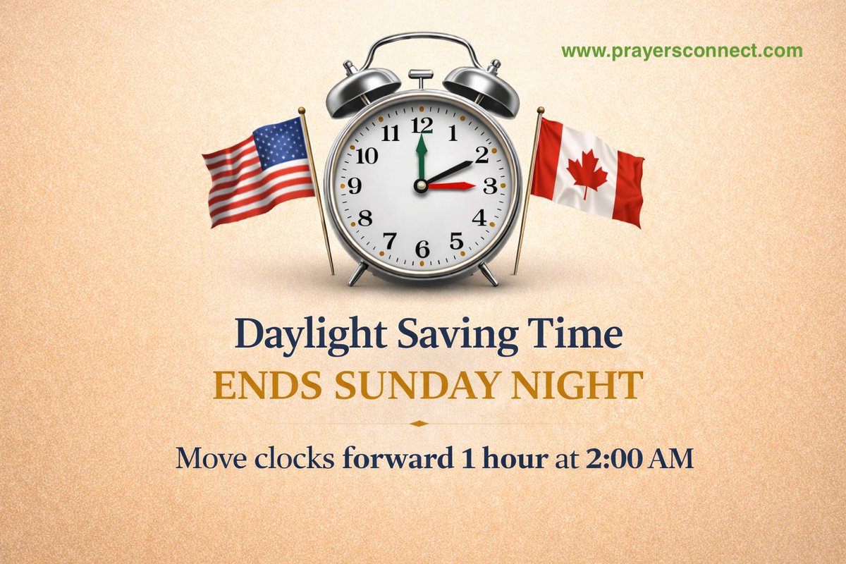 PrayersC's tweet photo. ⏰ Reminder: Daylight Saving Time starts tonight.

At 2:00 AM → 3:00 AM
Clocks move forward one hour.

A little less sleep, but longer evenings ahead ☀️

#SpringForward #DST #DaylightSaving #TimeChange https://t.co/N3YbxnSdm0