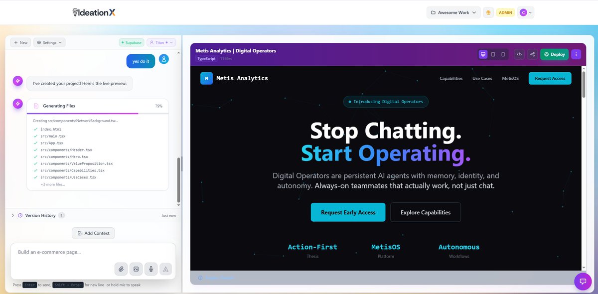 We did something really powerful today at Metis Analytics.
If you have a Digital Operator on MetisOS, it can now build full applications inside IdeationX.dev. #digitaloperators