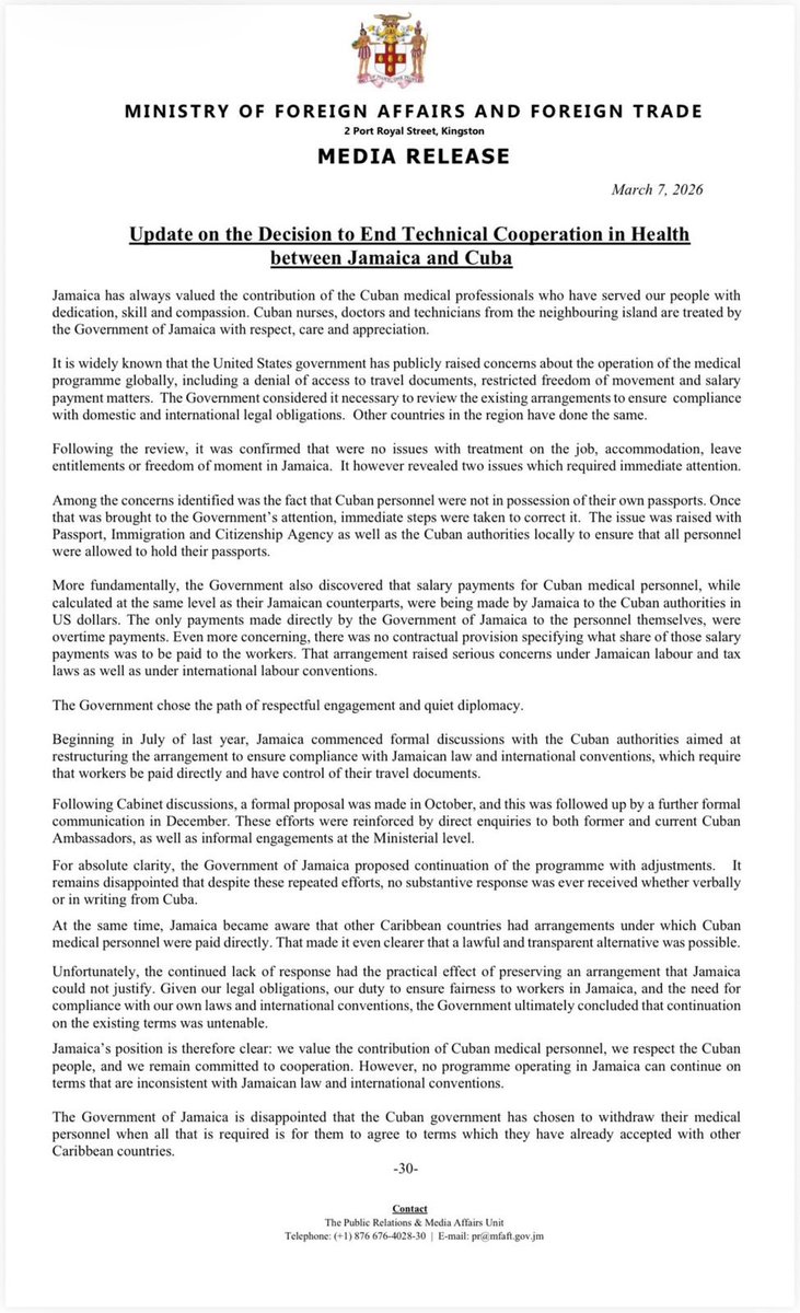 drelonbthompson's tweet photo. Jamaica respects Cuba, values the service of Cuban medical professionals, and remains open to cooperation. However, every programme operating in Jamaica must comply with our laws, protect workers’ rights, and meet international labour standards. As a former JMDA President, I appreciate when to stand up for workers’ rights in the medical fraternity. This is simply, responsible governance on the part of this government.