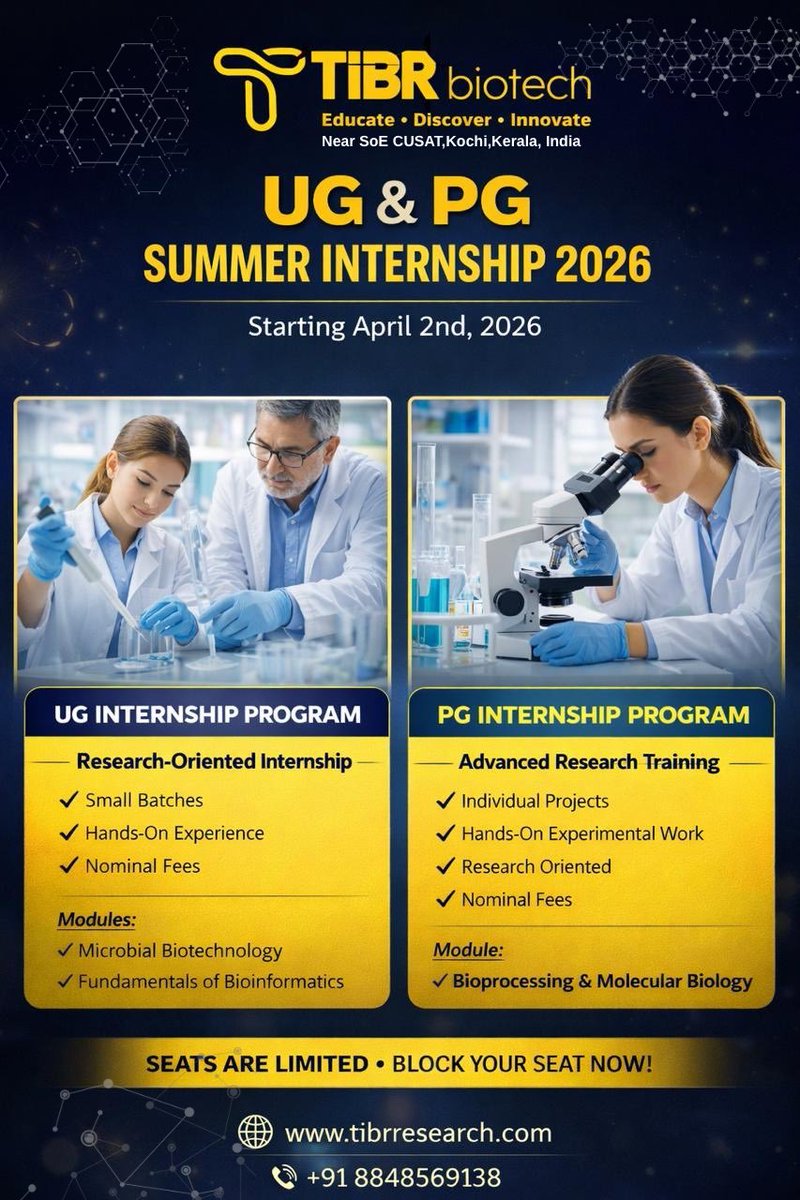DrNobleKKurian's tweet image. Summer Internship for UG/PG Students at TIBR Biotech, Kochi, Kerala. Only limited slots are available. Book your seats right now. For more details &amp;amp; fee structure, contact at +91-8848569138 | tibrresearch.com #internship #bioinformatics #dissertation #biotechnology #kochi