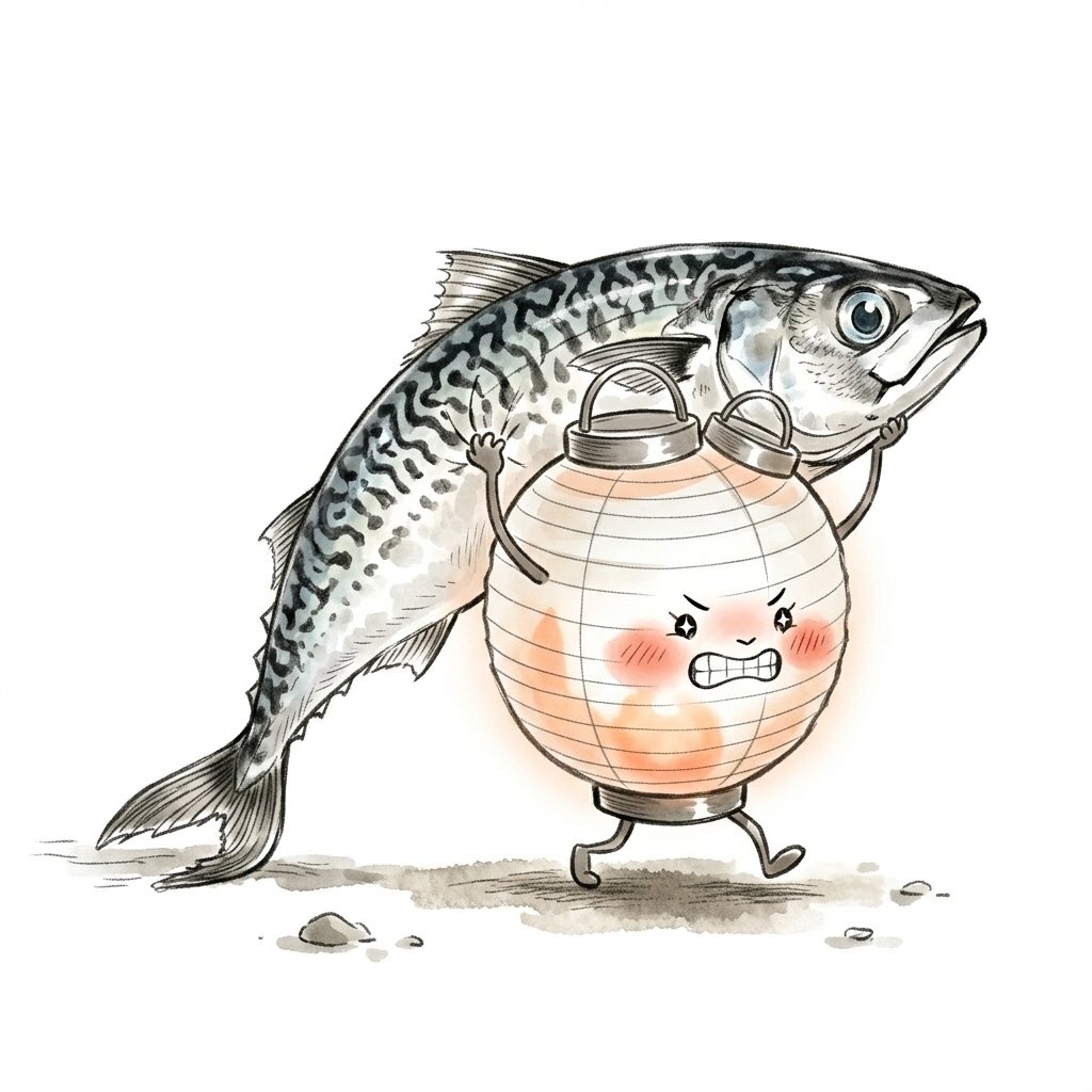 InazoNitobe70's tweet photo. 今日は #鯖の日 🐟

今夜の晩ごはんは鯖の塩焼きかな？

自分の体より大きなサバを担いで帰ろうとしています。

「よいしょ、よいしょ。……ちょっと重すぎやしないかい？」

引きずっている尾びれで、せっかく掃き掃除した道が台無しだよ！笑

#AIイラスト #水墨画 #ともし #1日1絵 #サバ https://t.co/CpP1MacaJ1