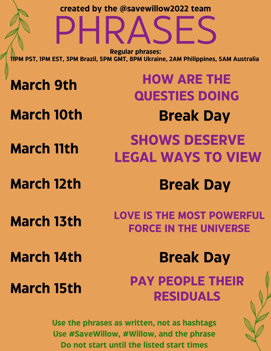 savewillow2022's tweet photo. Phrases for the week starting Monday, get ready! Let's be loud!! Throw in a little fandom check and see how people are doing. Still with us, even in the shadows it counts. #saveWillow #willow https://t.co/k8P9CLAsqH